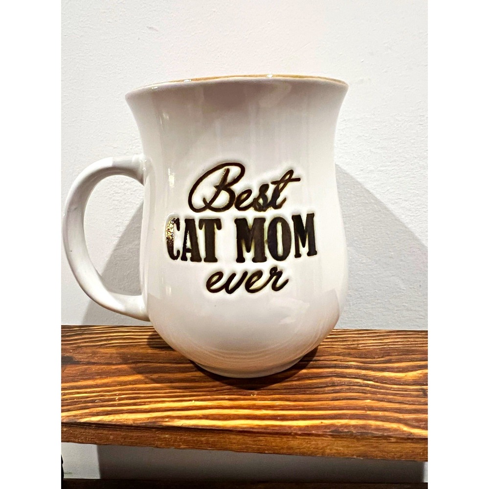 Best Cat Mom Ever Ceramic Mug White with Pink Interior, Gold Rim Cat Lover